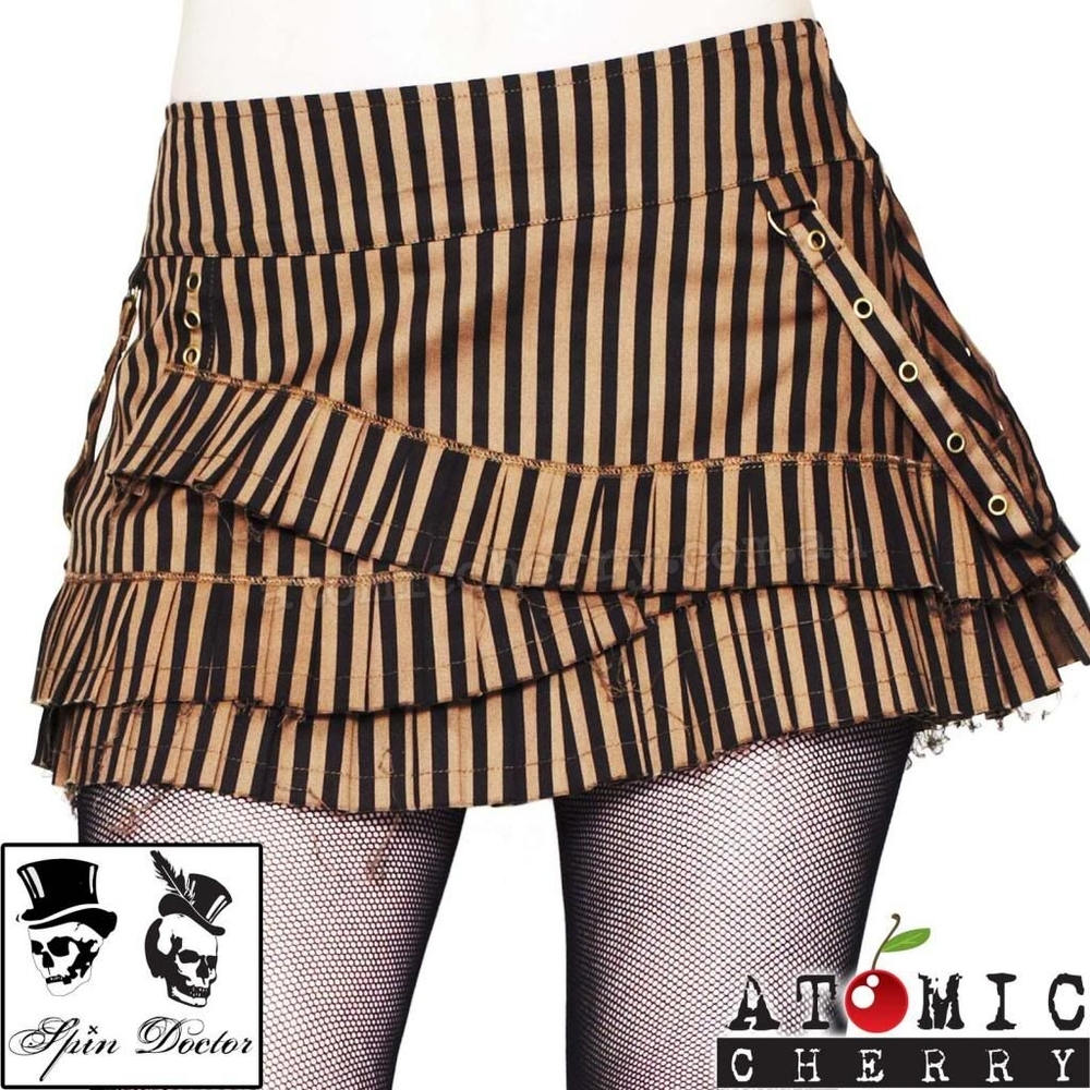 Spin Doctor Lillith Steampunk Striped Mini Skirt with Straps, Extra Small